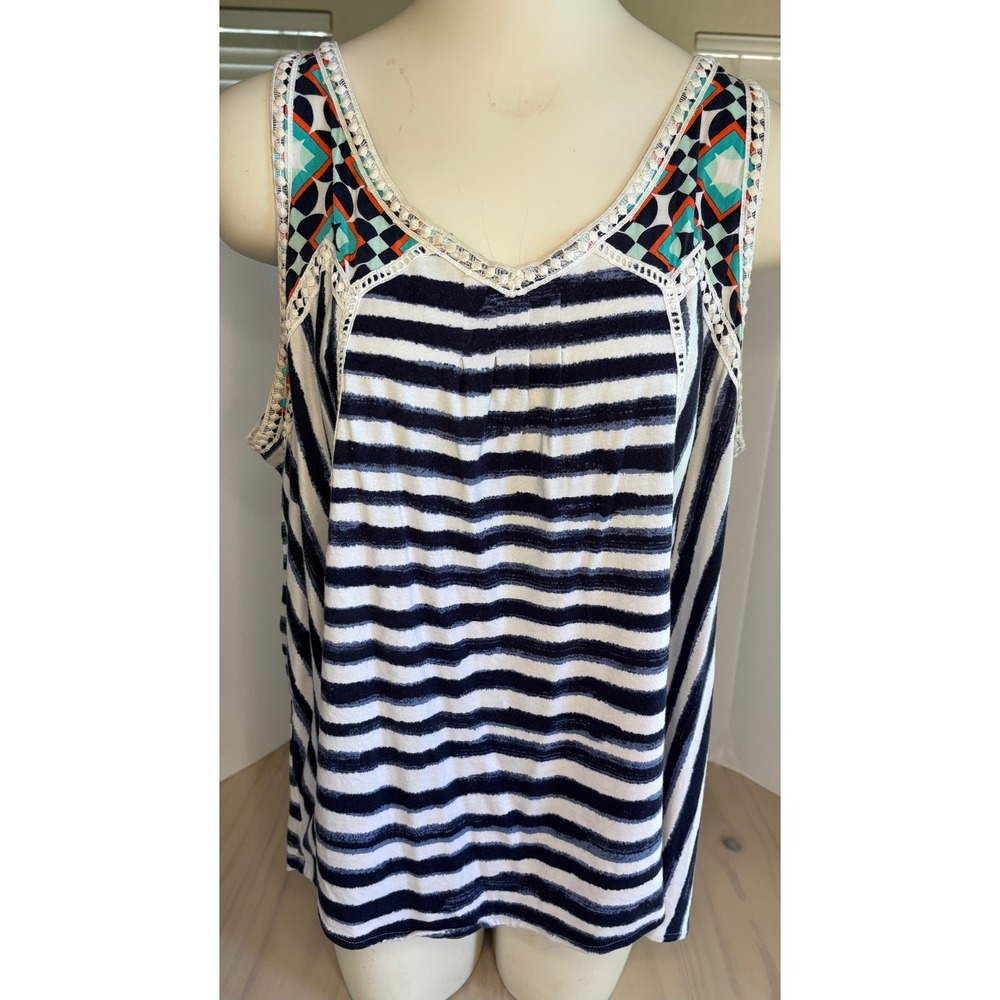 Crown & Ivy Womens XL Striped Mixed Media Tank Top Crochet Lace High Low Blue